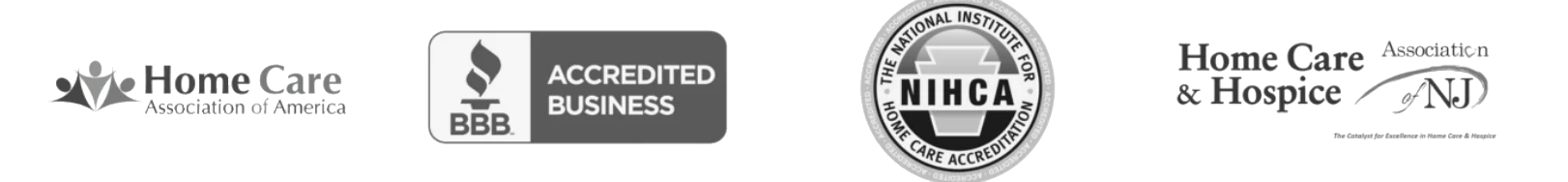 Logo collection including Home Care Association, BBB Accredited Business, NIHCA and Home Care and Hospice Association of NJ